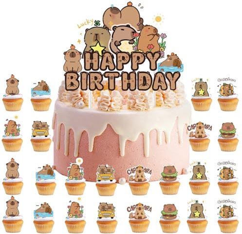 FOSDICK Juego de 25 Decoracion Tartas Cumpleaños de Capibara, 1pcs Happy birthday Cake Topper y 24pcs Adornos para Cupcakes, Capibara Cumpleaños Decoracion Tarta, Capybara Adornos para Magdalenas