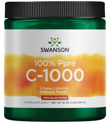 Swanson Vitamin C Powder 100% Pure Ascorbic Acid, Immune System Support, Skin Health, Cardiovascular Health, Antioxidant Supplement 1000 mg (per Serving) 1 lb. 454 g