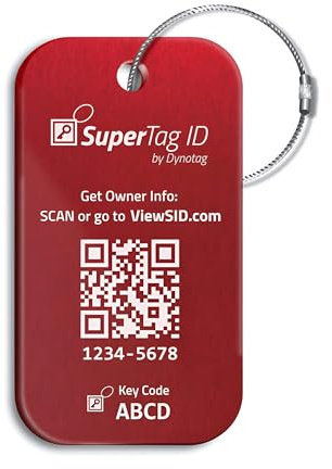 Dynotag® Sentry Series Solid Metal Web Enabled Smart Luggage Tag ID + Steel Loop, Anodized Aluminum with DynoIQ™ & Lifetime Recovery Service (Ruby Red)