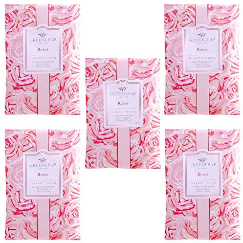 5x Greenleaf - ROSES - Sacchetto Profumato per Armadi (ROSA) - Pacchetto da 5 sacchetti 11,5 x 17 cm - Fragranze e profumi per la casa + in OMAGGIO 2 Tisane Funzionali Viropa