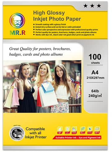 MR.R 240 g/mq 100 fogli A4 Carta fotografica a getto d'inchiostro lucida su un lato Carta fotografica lucida ad asciugatura istantanea Fogli fotografici bianchi luminosi impermeabili