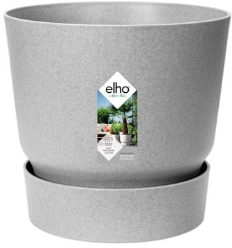 Elho Greenville Rond 14 - Pot De Fleurs avec Un Réservoir d'eau Intégré - Interieur & Extérieur - Plastique 100% Recycle - Ø 14.0 x H 13.4 cm - Gris/Living Ciment