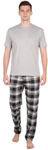 Conjunto de pijama para hombre con pantalones tejidos a cuadros de salón de manga corta camisetas de la parte superior, Gris-Pjamaset-21, M