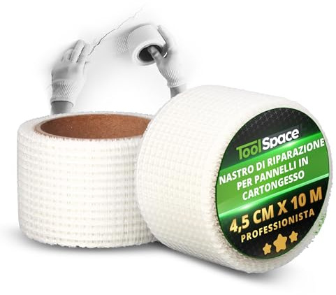 ToolSpace Bande Placo 4,5 cm x 10 m - Ruban de Fibre Verre avec Toile pour Plaques Plâtre - Vande Fibree Auto-Adhésif pour Joint Fissure Mur - Tissu Grillagée pour Fissure Réparation Trous Enduit
