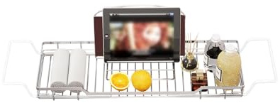 YQh Adjustable Tub Rack, 304 Stainless Steel Bathroom Tray, Multi-Function Tub Organizer with Adjustable Reading Rack, for Tablet or Cell Phone
