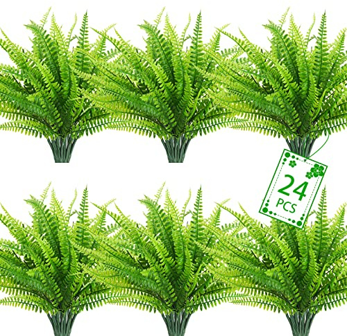 Uieke 24 PCS Artificial Ferns for Outdoors, Fake Boston Fern Plants Greenery Outdoor UV Resistant Bushes Plastic Plants Shrubs for Window Box Front Porch Garden Decor