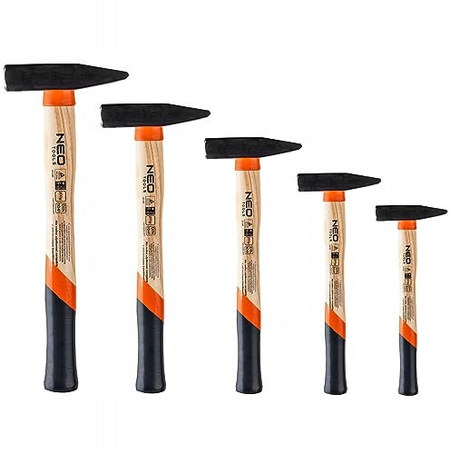 NEO TOOLS Schlosserhammer Set, Eschestiel, 5 Teile 200g, 300g, 500g, 800g, 1000g | Geschmiedeter und Gehärtet Hammerkopf, Holzstiel