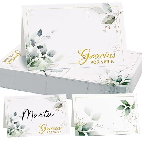 BETESSIN 50pcs Tarjeta de Mesa Nombre Tarjeta Gracias por Venir Plegable Tarjeta de Lugar Asiento Blanca Diseño Hojas Verdes para Fiesta de Boda Comunión Bautizo Cumpleaños Navidad Baby Shower