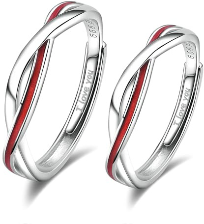 BCughia Anello Coppia Filo Rosso del Destino, Anelli Donna Argento Regolabili con Linea Rossa Anelli Fidanzamento Incisione Anelli Matrimonio Argento per Uomo e Donna