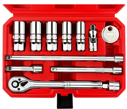 WETT 12Pcs Spark Plug Socket Set, 3/8 Drive Ratchet Handle with Mirror Polished Sockets, Spark Plug Gapper, Universal Joint and Extension Bar, Spark Plug Removal Tool with Rubber Retaining Ring