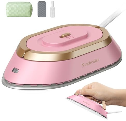 Newbealer Mini Fer à Repasser de Voyage Portable Léger Compact pour Vacances Couture avec Sac de Rangement, Double Tension pour Utilisation Globale, Chauffe Vite sans Vapeur, rose