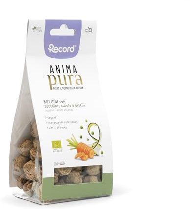 Record - Snack Vegano de Alma Pura para Perros. Galletas Naturales cocidas al Horno con Sabor a calabacines, Zanahorias y Guisantes. Snack orgánico para Perros, Fabricado en Italia | 100 g