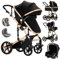 Aveainelle Kinderwagen 3 in 1, Faltbarer Kinderwagen Set, Bequemer Multifunktionaler Kombikinderwagen 3 in 1 Komplettset (588 Black Gold)