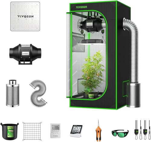 VIVOSUN Grow Box Set completo 60 x 60 x 120 cm, Grow Box completo per interni lampada LED a spettro completo VS1000, ventilazione 100 mm, temperatura e igrometro, grow bags, forbici da giardino e