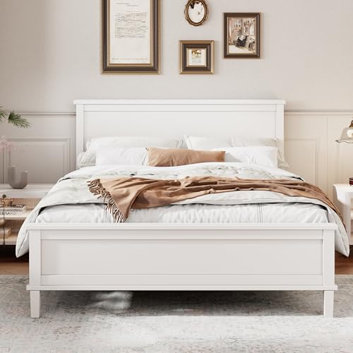 Merax King Size Wood Platform Bed, Mid Century Modern Bed Frame with Tall Headboard, Solid Wooden Slat Support, No Box Spring Needed, Easy Assembly, White