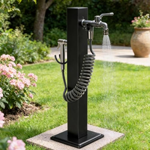 Fontana da Giardino Stile Moderno, Fontanella a Colonna con Doccetta, Rubinetto Acqua, 95 cm, Acciaio Inossidabile, Nera, per Irrigazione e Lavaggio, Esterno