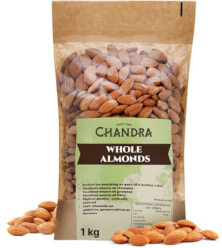 Chandra Whole Foods – Almonds 1KG - Low-GI Almonds for Snacking, Smoothies, Baking & Cooking - Gluten-Free, Keto & Vegan-Friendly, Rich in Protein & Vitamins & Fibre