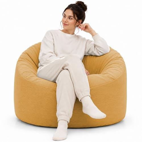bananair - Pouf Poltrona Sacco in Velluto a Coste - Morbido e Confortevole - Imbottitura in Schiuma, Ottimo Supporto per la Schiena - Pouf Divano Gigante (100 cm, Giallo)