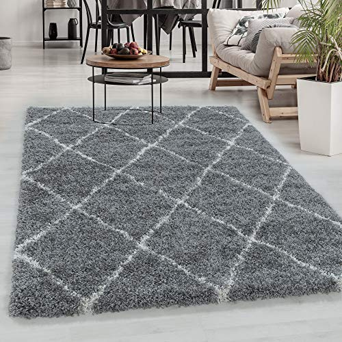 Carpetsale24 Shaggy Tappeto per Soggiorno e Camera da Letto Scandinavo Design a Rombi Grigio 140 x 200 cm - Tappeto a Pelo Alto per Soggiorno Extra Morbido di Facile Manutenzione