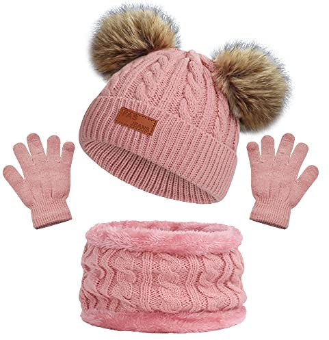 Wintermütze Schal Handschuhe Mädchen Set Kindermütze Strickmütze Mütze Schal Mütze Jungen Warme Winter Beanie Hut Handschuhe runder Schal Set für Kinder 3-8 Jahre