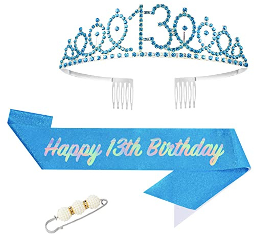 POPOYU 13-årsdag flicka skärp och tiara, blå 13-års födelsedagskrona och skärp för henne, flickor 13-årsdag dekorationer festtillbehör, födelsedagskrona kostym set för flickor 13:e födelsedag gåvor