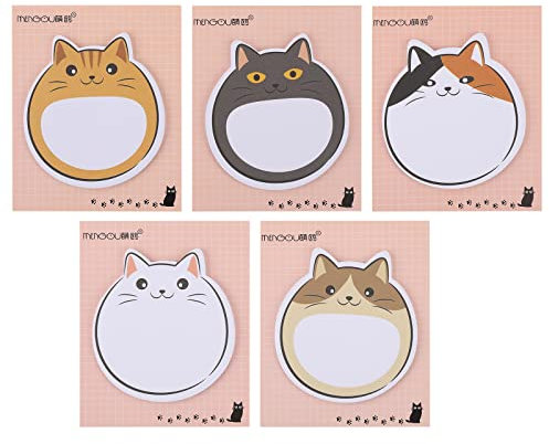Cobee Süße Katze Haftnotizen, 5er Pack Kawaii Tier Selbstklebende Notizen Cartoon Katze Notizblöcke Niedliche Formen Markierungen Flaggen Studenten Mitbewohner Geschenke Laschenzubehör 150 Blatt