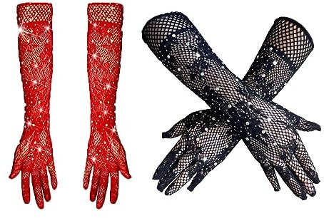 NICEYEA 2 Paar Lange Handschuhe mit Strass Mesh Handschuhe Abendhandschuhe 80er Opera Party Glänzend Handschuhe für Hochzeit Halloween Maskerade Kostüm