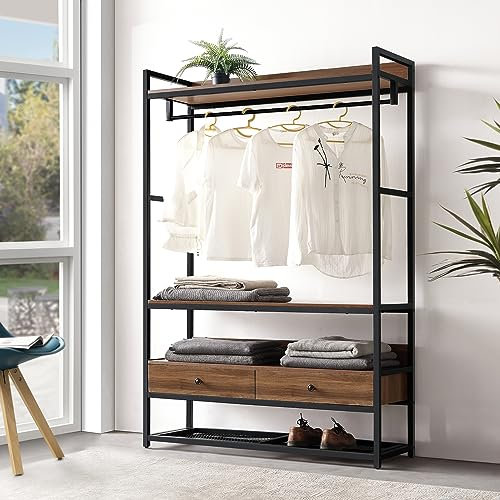 [en.casa] Kleiderständer Isen mit Kleiderstange Garderobenständer MDF offener Kleiderschrank mit 4 Ablagen und 2 Schubladen 180 x 120 x 40 cm Walnuss-Optik