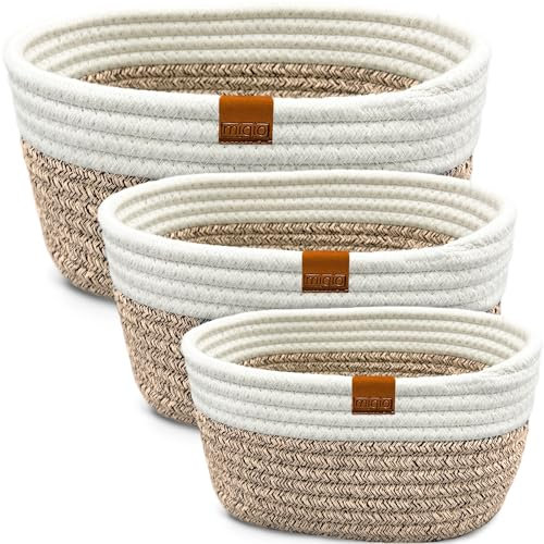 MIQIO® Design 3er Set Aufbewahrungskorb – geflochten aus Baumwollseil - Baumwollkörbchen- Wickeltisch Organizer - Basket für Bad, Kinderzimmer und Regal