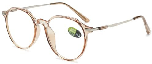 VEVESMUNDO Blaulichtfilter Lesebrillen Metall Groß Rund Nerdbrille Anti Blaulicht Brillen Damen Herren +0.5,+1.0,+1.5,+2.0,+2.5,+3.0,+3.5,+4.0 (1 Stück Transparent Braun, 0.5)
