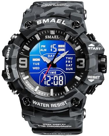 Men's Analog Digital Outdoor Sports Watch Military Tactics Multi Function Watch LED Electronic Large Dual Display Watch Army Luminous Waterproof Watch (Camouflage Gray)