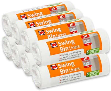 Kordis Strong Tie Handle Swing Bin Bag Liners - 8 Rolls x 20 Bags. 50L White Plastic Bin Bags For Kitchen Bins & Large Indoor Trash Bin. 160 Heavy Duty, Unscented Garbage Bags - 60 x 90cm