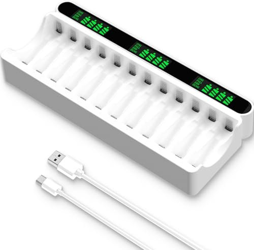 IMREN Cargador de Pilas Recargables, 12 Slots de Carga Independientes con Pantalla LCD, Entrada 5V 2A Type-C y Micro USB, para Baterías Recargables NiMH/NiCD AA AAA
