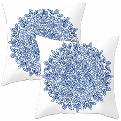 Betadistor Set of 2 Bohemian Style Cushion Covers 45x45 cm Decorative Square Throw Pillow Covers 18x18 Inch Sofa Car Pillowcase for Outdoor Home Bed Living Room Couch Decor, Blue, 510-0188