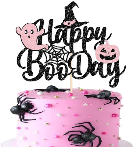 Xsstarmi 1 Pack Happy Boo Day Cake Topper Glitter Black Spider Web Ghost Pumpkin Cake Pick Decoration for Wizard Halloween Baby Shower Birthday Party Cake Decorations Supplies