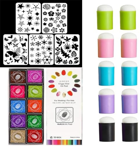 Juego de pintura con esponja para dedos DIY, kit de pinceles para dedos, divertido kit de pintura con dedos con 10 esponjas para pintar con dedos, 5 plantillas y 20 almohadillas de tinta de colores, h