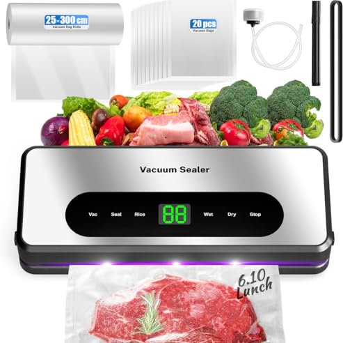8 in 1 Food Saver Vacuum Sealer Machine, Multi-function Food Sealer Built-in UV Cutter/Bag Storage Act on Dry Wet oil Crispy, Vacuum Sealer Kit Attached 1 Bag Rolls/20 Vacuum Bag/Marker Pen