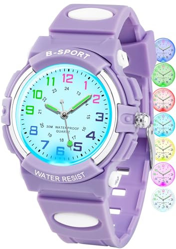GUUMUXIN Analoge Kinderuhr mit Bunten Lichtern für Jungen und Mädchen, 30M wasserdichte Lernuhr TPU Armband Outdoor Sportuhr für 5-16 Jahre