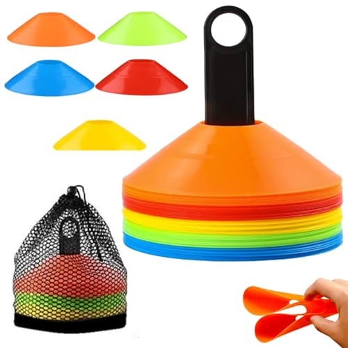 Xinxinphi 50 Piezas Cono Disco Entrenamiento con Bolsillos Malla & Soporte Almacenamiento, Juego Conos Fútbol 5 Colores, Conos Agilidad Redondos para Marcadores Canchas & Fútbol, Juegos Aire Libre