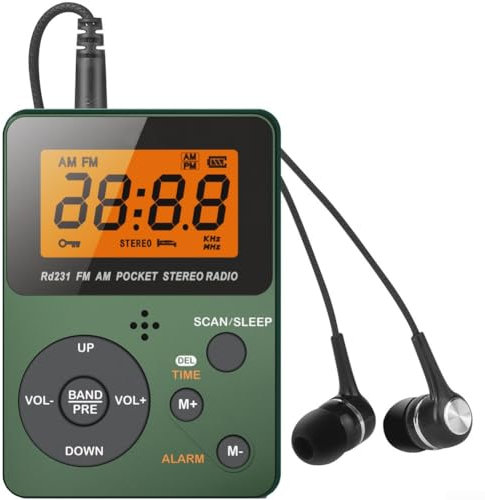 Radio AM/FM portátil compacta con pantalla digital de búsqueda automática, temporizador de sueño, botón de bloqueo, modo estéreo, auriculares para oficina en casa