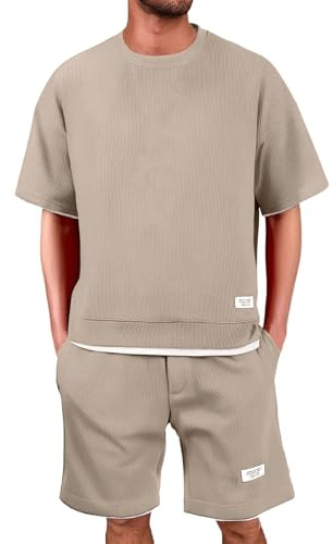 VIYUANH 2025 Waffle Completo Estivo Uomo - 2 Pezzi Tuta Estiva Casual per Spiaggia Completa Tute da Ginnastica T Shirt Manica Corta + Pantaloncini Set Leggera Completi Sportivi