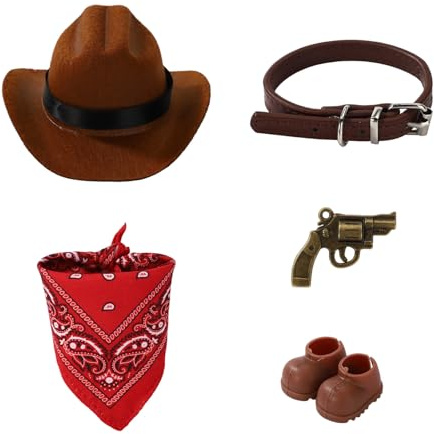 Sinbana Western Cowboy Outfit for Dolls, Stylish Dolls Clothes with Cowboy Hat Bib Shoes Belt & Small Pistol Toy Costume Accessories for Doll Decoration & Display