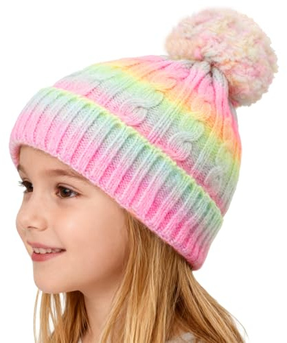 Toddler GILR Winter Hat, Cute Rainbow Hat with Pom Kids Fleece Lined Beanie Hats for Girls 4-9 Year