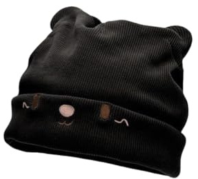 Jiujiutu Bonnet Femme Tricot Hiver épais Mignon col retourné Chaud stylé Laine Thermique Chapeau 54-59cm Turban Chimio Oversize d'oreilles de Chat Hat Loisirs Noir