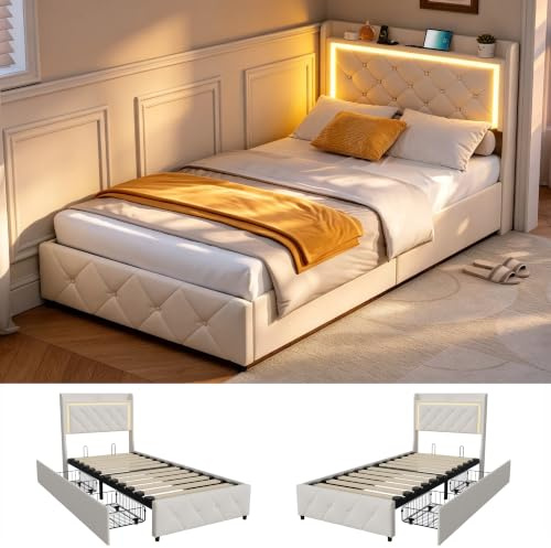 BRILVERDE Bagagebädd 90 x 200 med LED-ljus, enkel säng med förvaringslådor med sänggavel, med ribbotten, sammet (beige, 90 x 200 cm)