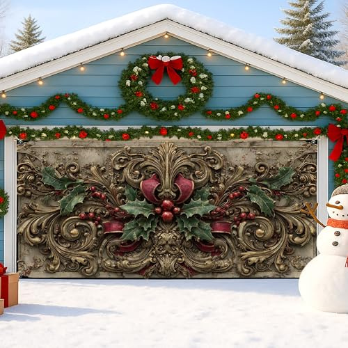 Cubierta vintage de Navidad para puerta de garaje, elegante diseño de acebo, decoración de puerta de garaje grande, decoración festiva para interiores y exteriores, 157 x 71 pulgadas