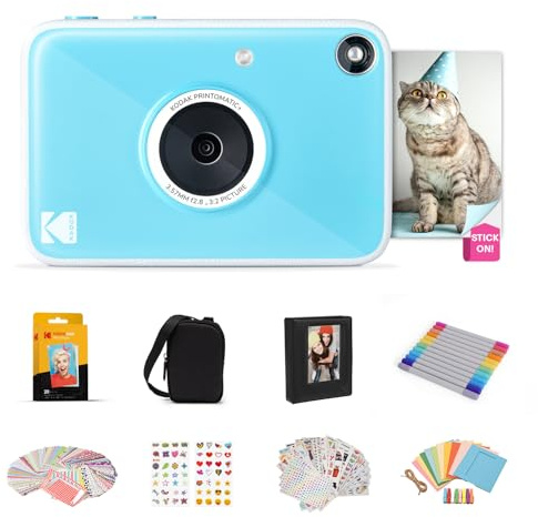 KODAK Printomatic+ 10MP Färg-Immediatekamera Presentpaket med Väska, Zink 2x3” 20 ark, Album, Klistermärken och Pennor – Blå
