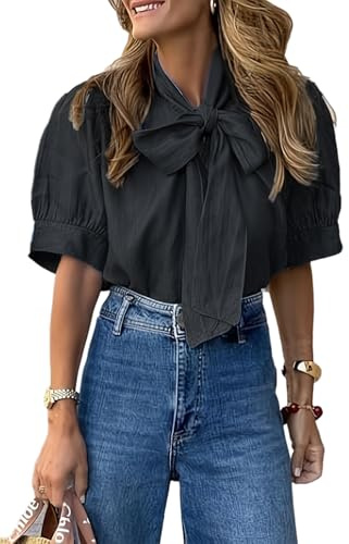 Chvity Women Half Sleeve Bow Tied Blouse Summer Loose FIt Comfy Tops Spring Casual Office Work Dressy Shirts Black
