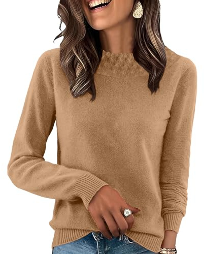 Generisch Maglione da donna con scollo rotondo, comodo, in tinta unita, per inverno, elegante, caldo, casual, da donna, 01 marrone chiaro, S