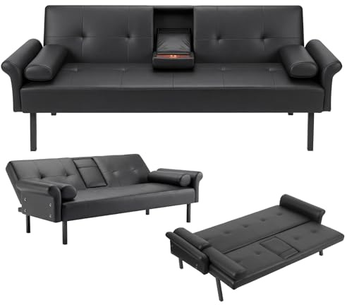Panana Modern 3 Seater Sofa Bed, Black Faux Leather Upholstered Sofa bed with Metal Legs,Futon Recliner Lounge for Living Room, Spare Room, Bedroom (Black with Cup Holder)